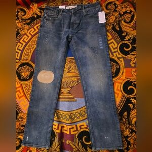 Guess Blue Straight Jeans with Tan Patch